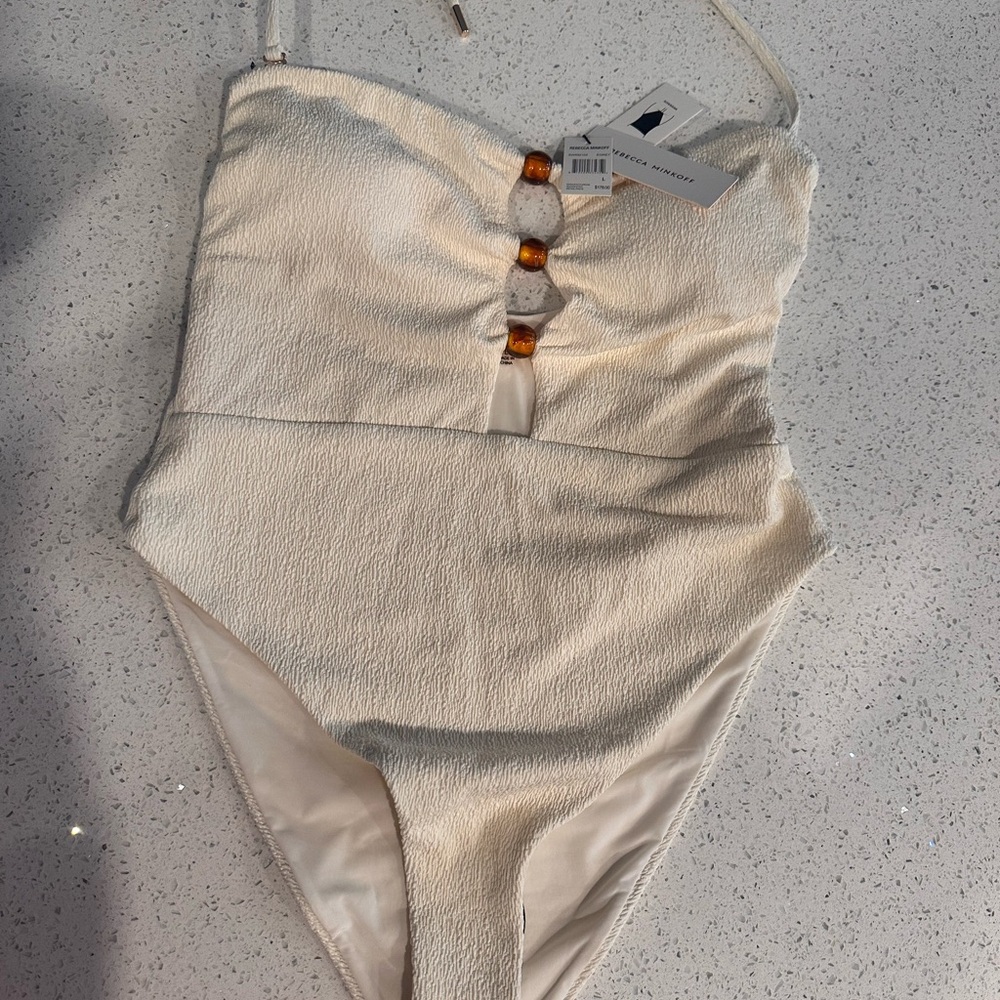 Rebecca Minkoff Cream One-Piece Swimsuit with Amber Bead Accents